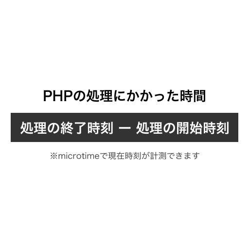PHPの処理時間は処理の終了時刻から処理の開始時刻を引いた差分で計算できます。
